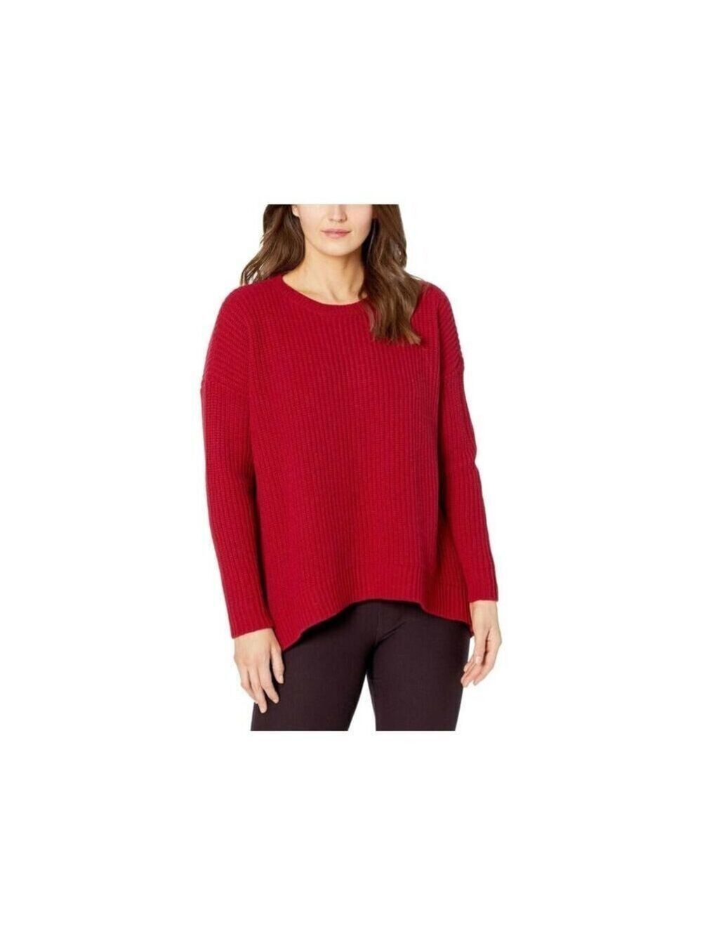 Eileen Fisher Womens Red Knit Ribbed Textured Scoop Neck Hi-Lo Sweater Size M